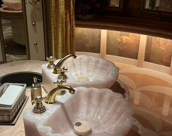 Lavabo de concha de cuarzo rosa tallado a mano, lavabo de piedra de ónix rosa, decoración de encimera de cuarzo