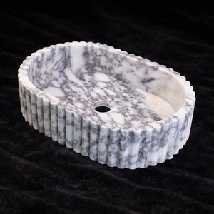Lavabo de mármol Calacatta Viola hecho a mano / Lavabo de baño acanalado / Lavabo de encimera imagen 3