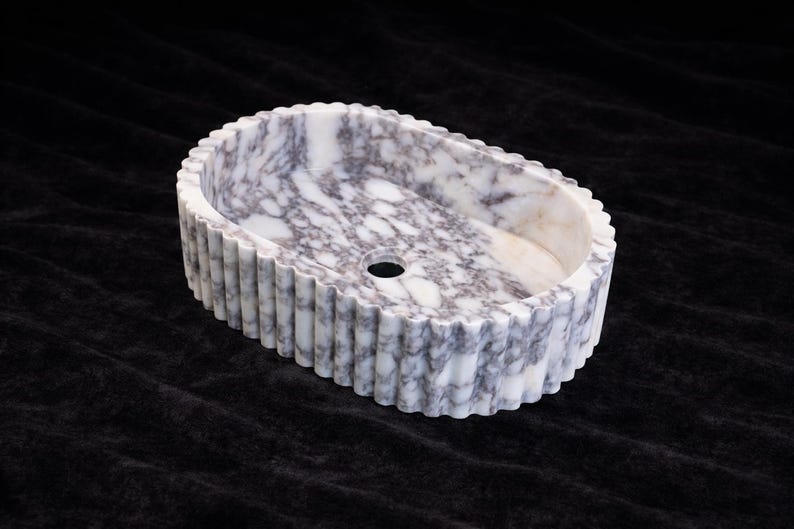 Lavabo de mármol Calacatta Viola hecho a mano / Lavabo de baño acanalado / Lavabo de encimera imagen 3