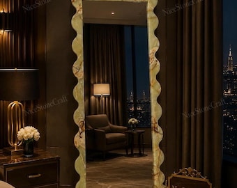 Large Wavy Green Onyx Full-Length Mirror, Custom Natural Gemstone Decor, Scalloped Stone Floor Mirror