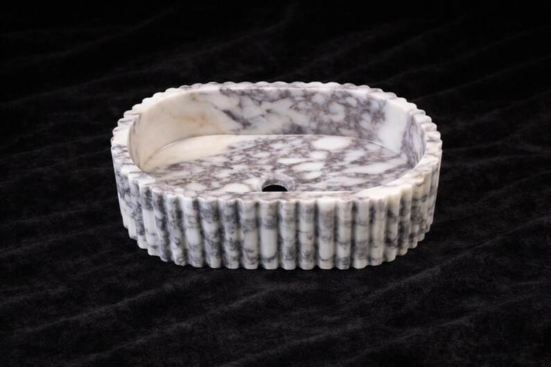 Lavabo de mármol Calacatta Viola hecho a mano / Lavabo de baño acanalado / Lavabo de encimera imagen 6