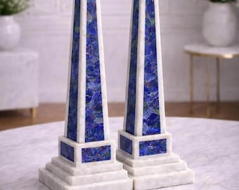 Lapis Lazuli Obelisk Pair, Marble Inlay Tower Decor, Luxury Stone Sculpture Set