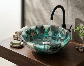 Green Agate Vessel Sink | Natural Crystal Stone Countertop Wash Basin | Luxury Bathroom & Kitchen Sink