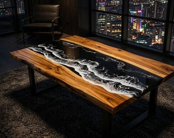 Mesa de centro de resina epoxi negra / Mesa de resina de madera con borde natural / Mesa de centro personalizada / Muebles de madera hechos a mano / Decoración de habitaciones personalizada
