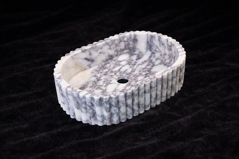 Lavabo de mármol Calacatta Viola hecho a mano / Lavabo de baño acanalado / Lavabo de encimera imagen 5