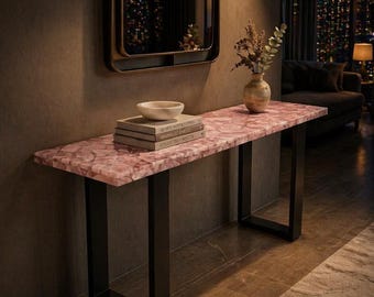 Natürlicher rosa Rosenquarz-Konsolentisch, Luxusedelstein-Entryway-Möbel, modernes Flurdekor