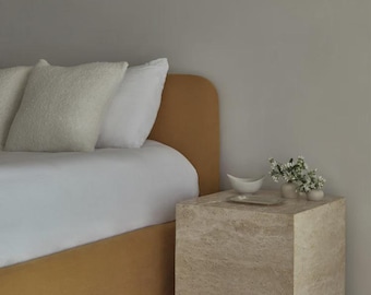 Honed Travertine Cube Side Table | Modern Minimalist Nightstand, Stone End Table, Luxury Home Decor