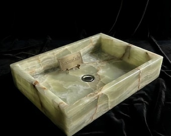 Natural Green Onyx Bathroom Sink – Rectangular Stone Vessel Basin – Luxury Vanity Countertop Wash Basin