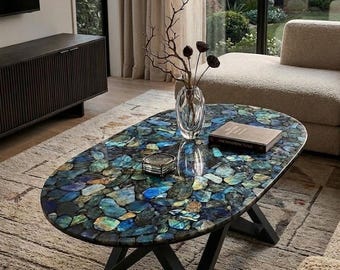 Iridescent Labradorite Oval Coffee Table, Luxury Gemstone Living Room Furniture