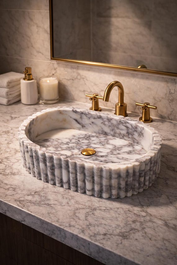 Handmade Calacatta Viola Marble Vessel Sink | Fluted Bathroom Basin |  Countertop Sink