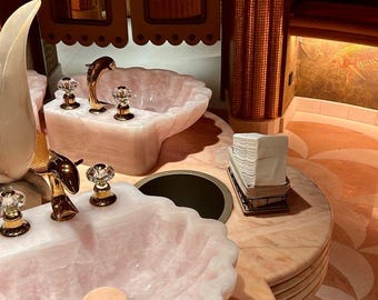 Lavabo de concha de cuarzo rosa, lavabo de piedra de ónix rosa tallado a mano