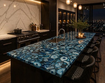 Blue Agate Dining Table Top, Luxury Kitchen Island Countertop, Semi Precious Stone Counter Table, Custom Agate Slab Furniture