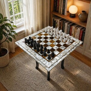 Handmade Tiger Eye & Mother of Pearl Chess Table | Marble Inlay Board Game,  Indoor Game