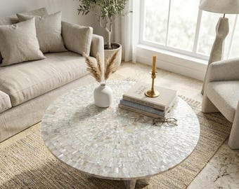 Mother of Pearl Coffee Table, Round Shell Mosaic Table, Luxury Living Room Center Tabletop