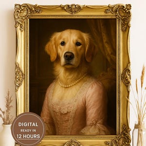 以下が含まれることがあります： ピンクのドレスと真珠のネックレスを着けたゴールデンレトリバーのカスタムペットポートレート。金色の装飾フレームに入っています。「Custom Pet Portrait」と「Digital Ready in 12 Hours」の文字が含まれています。