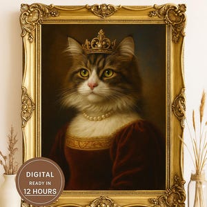 以下が含まれることがあります： 王冠と真珠のネックレスをつけた気品のある猫のカスタムペットポートレート。豪華な金色のフレームに入っています。猫は茶色と白の毛並みで、赤いガウンを着ています。「Custom Pet Portrait」の文字が表示されています。