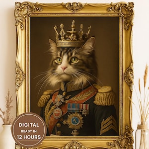 May include: A custom pet portrait featuring a regal cat in a military uniform and crown, set in an ornate gold frame. The image includes the text "Custom Pet Portrait" and "Digital Ready in 12 Hours".