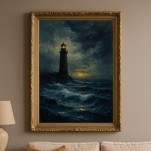Guiding Light Ocean Wall Art – Moody Lighthouse Oil Painting, Stormy Coastal Landscape Print, Nautical Digital Download Decor