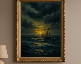 Moonwake Ocean Wall Art – Moody Night Seascape Oil Painting, Moonlit Water Scene, Coastal Printable Decor, Dramatic Digital Download