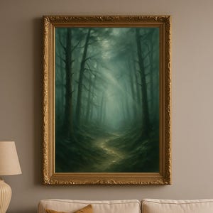 Hollow Wind Forest Wall Art, Misty Woodland Trail Painting, Nordic Fog Landscape, Moody Tree Scene Poster or Digital Nature Download