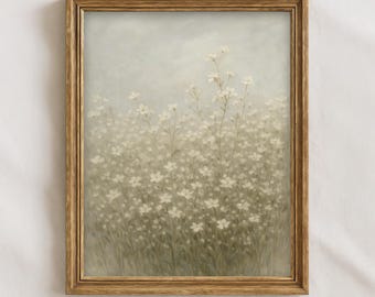 Neutral Floral Meadow Wall Art, Cream Wildflower Field Print, Minimal Cottagecore Botanical Painting, Soft Beige Digital Download