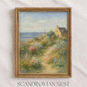 Seaside Cottage Wall Art Print, Coastal Cottagecore Watercolor Beach House, Printable Digital Download, Rustic Coastal Decor