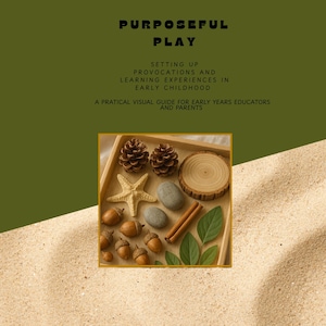 May include: A wooden tray with natural items: pinecones, a starfish, acorns, stones, a wood slice, cinnamon sticks, and leaves. The text "PURPOSEFUL PLAY" and other descriptive text is at the top.