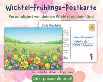 Wichtel Frühlings Postkarte, Urlaubs Grüße von der Blumenwiese, personalisiert in euren Briefkasten, Wichtelzauber das ganze Jahr nach Hause