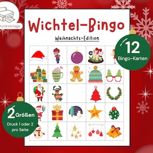 May include: A festive Christmas bingo game with a red and white design. The game board includes illustrations of Santa, baubles, and a Christmas tree. The text "Wichtel-Bingo Weihnachts-Edition" is displayed. Includes 12 bingo cards and 2 sizes.