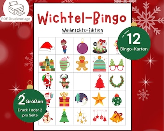 Wichtel Bingo Weihnachts-Edition PDF, 12 Karten Familienspiel Download, Druckbares Weihnachtsspiel 2 Größen, Stressfreie Familie Aktivität