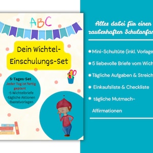 Könnte beinhalten: Ein farbenfrohes Lernset für die Schule mit dem Text "Dein Wichtel-Einschulungs-Set" in Gelb. Das Bild enthält Illustrationen eines Kindes, Bücher und Schulmaterialien mit Text auf Deutsch.