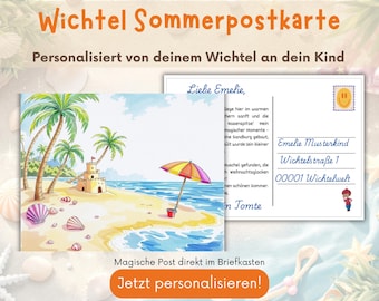 Wichtel Sommer Postkarte Meer, personalisierte Feriengrüße in deinen Briefkasten, eine schöne wichtelige Überraschung für dein(e) Kind(er)
