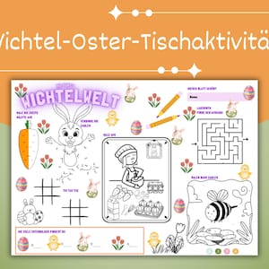 Op de afbeelding: Een Paas-thema activiteit blad met de titel "Wichtel-Oster-Tischaktivität". Het blad bevat illustraties van konijnen, eieren, wortelen en een doolhof. Het bevat kleur- en verbind-de-stippen activiteiten.
