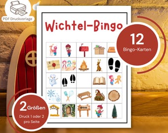 Wichtelspiel Bingo PDF Download, 12 Karten Wichtel-Motive Familienspiel, Druckbar 2 Größen Bingo Spiel, Stressfreie Familie Aktivität