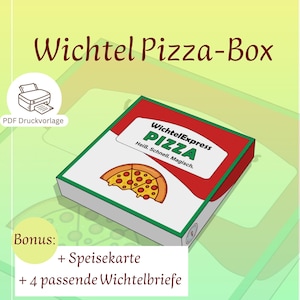 Könnte beinhalten: Eine quadratische Pizzaschachtel mit rot-weißem Deckel, verziert mit einer Peperoni-Pizza-Grafik und dem Text WichtelExpress PIZZA Heiß. Schnell. Magisch. Das Bild enthält ein Druckersymbol mit PDF Druckvorlage und eine Liste mit Bonusartikeln wie Speisekarte und vier Wichtelbriefen.