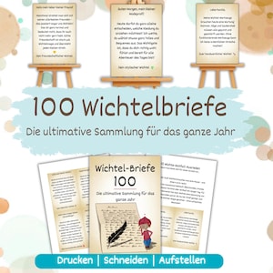 以下が含まれることがあります： 100 Wichtelbriefeのコレクションを示す画像。小さなメモが3つの小さなイーゼルに手書きのメモで表示されています。メインタイトルは大きな青い文字で、サブタイトルは「Die ultimative Sammlung für das ganze Jahr」です。