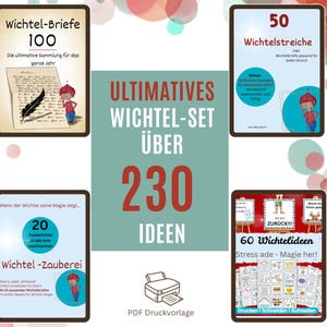 以下が含まれることがあります： Wichtel-Briefe、Wichtelstreiche、Wichtel-Zaubereiなど、230以上のアイデアを収録したデジタルセット。タブレットにイラストとテキストが表示され、PDF形式を示すプリンターアイコンがあります。