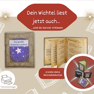 Puede incluir: Imagen de libros en miniatura, uno abierto, con texto en alemán. La portada de un libro dice "Das große Streiche-Lexikon" con un diseño de estrellas. El texto en alemán dice "Dein Wichtel liest jetzt auch..." y "...und du kannst mitlesen."