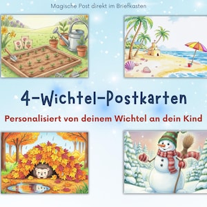May include: Set of four illustrated postcards featuring seasonal scenes: a garden, a beach with a sandcastle, a hedgehog in autumn leaves, and a snowman in winter. Text includes "Magische Post direkt im Briefkasten" and "4-Wichtel-Postkarten".