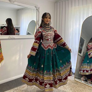 Handmade Afghan Kuchi Dress | Lalomitan Fabric with Cherma Embroidery | Vintage Tribal Chestpiece, Coins & Beads | Boho Ethnic Afghan Outfit