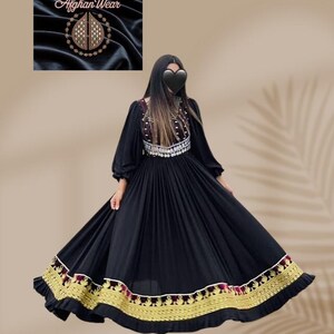 Black Handmade Afghan Kuchi Dress | Lalomitan Fabric with Cherma Embroidery | Handmade Vintage Chestpiece & Coins | Tribal Boho Ethnic Gown