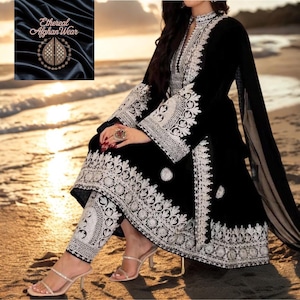Black Afghan Kuchi Dress | Traditional Embroidered Velvet Outfit | Handmade Cherma Embroidery Vintage Chestpiece | Ethnic Afghan Party Wear