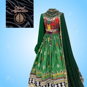 Afghan Kuchi Dress | Traditional Green Tribal Dress | Handmade Chestpiece |Cherma Embroidery | Afghan Wedding Party Dress Ethnic Boho Outfit