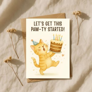 おもしろい猫の誕生日カード、猫好きの方へのパーティー招待状、かわいい踊る子猫のケーキのイラスト、ペット好きの方へのお祝いカード