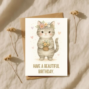 Adorable Cat Birthday Card for Her – Floral Cat Greeting Card – Cute Watercolour Animal Birthday Card for Girls and Cat Lovers
