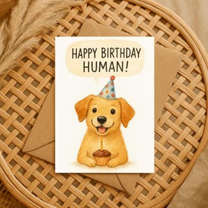 Cute Dog Birthday Card for Human, Golden Retriever Puppy with Cupcake, Funny Pet Lover Greeting Card, Dog Mom Dad Card
