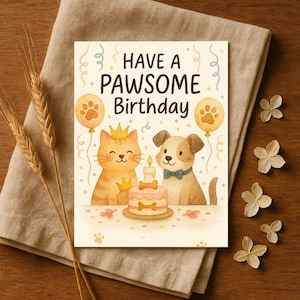 Pawsome Birthday Card with Cat and Dog – Cute Pet Party Cake Greeting – Animal Lovers Gift – Funny Pet Birthday Card for Him Her