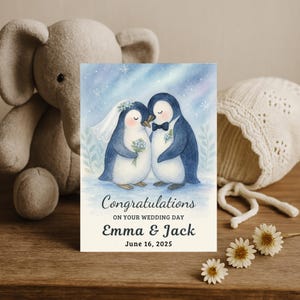 Personalized Marriage Keepsake Gift for Newlyweds. Custom Wedding Card. Cute Animal Couple Marriage Keepsake Gift. Penguin Bride and Groom