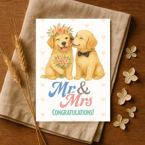 Mr & Mrs Dog Wedding Card – Cute Dog Couple Greeting – Newlywed Congratulations Gift – Romantic Bride and Groom Greeting Card