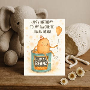 Biglietto di auguri di compleanno divertente con fagioli per un amico, biglietto di auguri con un simpatico gioco di parole sul cibo, biglietto di auguri di compleanno con un personaggio dei cartoni animati per bambini o adulti